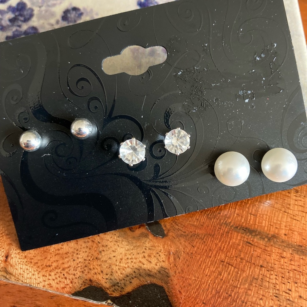 New Set Of Three Earrings Silver Tone Balls, Sparkly Circles Faux Diamonds